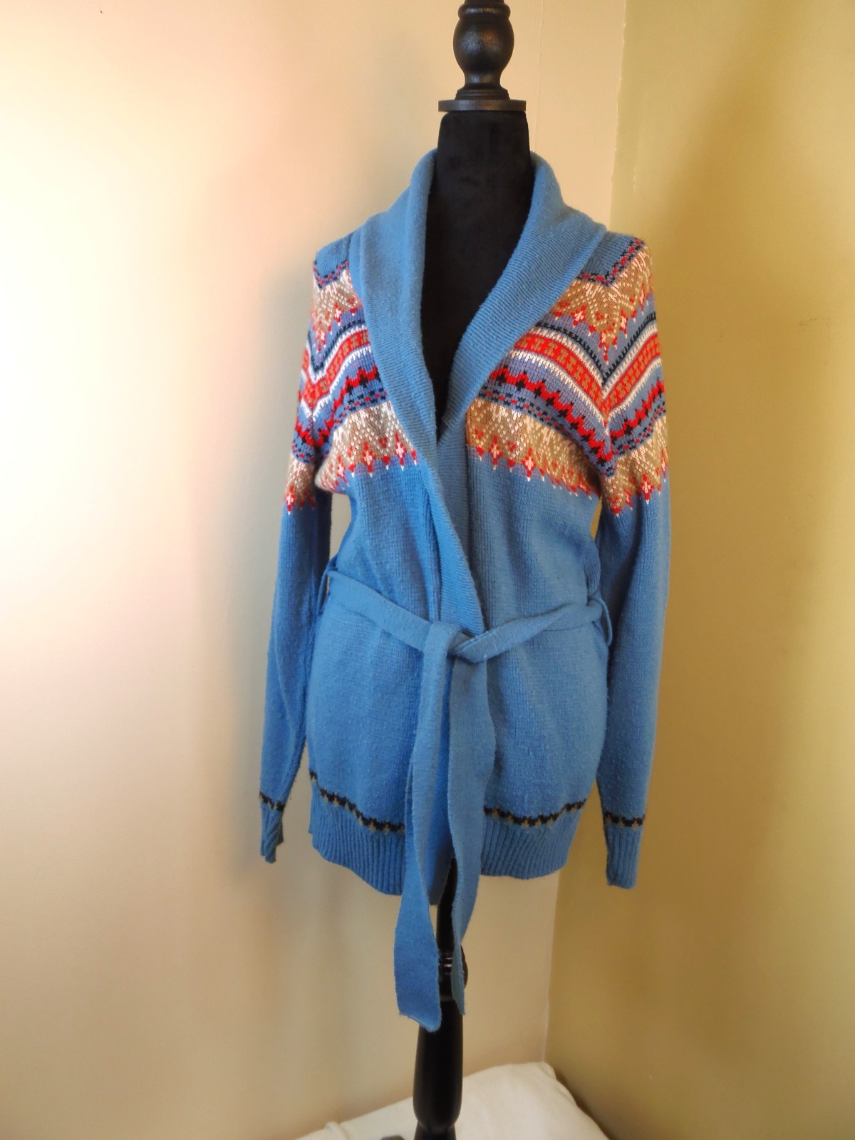 Vintage Hands Off for Sears Fair Isle SZ Md Cardigan Open Front Tie Lagen Nordic