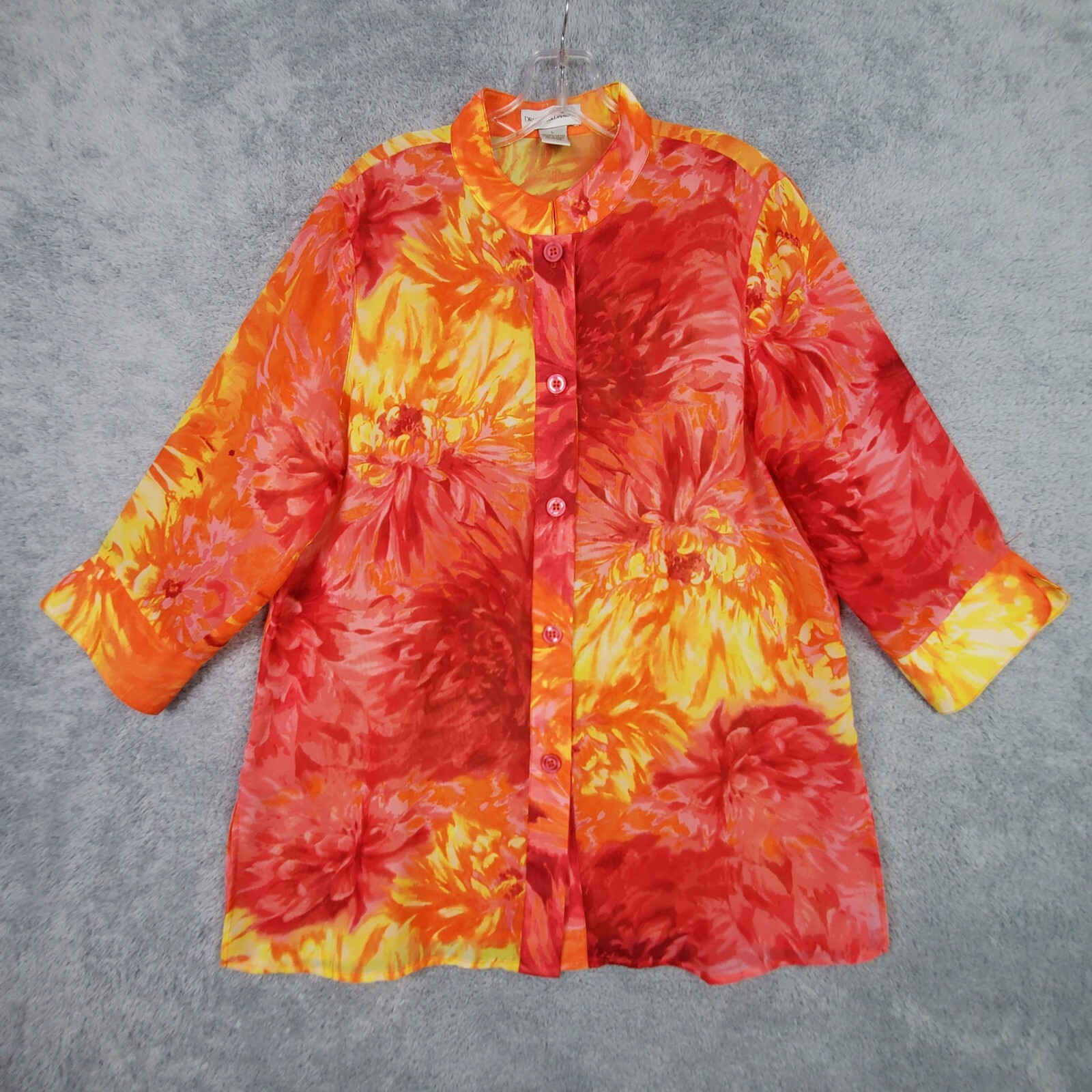 Drapers Damons Womens Button Up Shirt Size L Orange Mandarin Collar 3 Qtr Sleeve