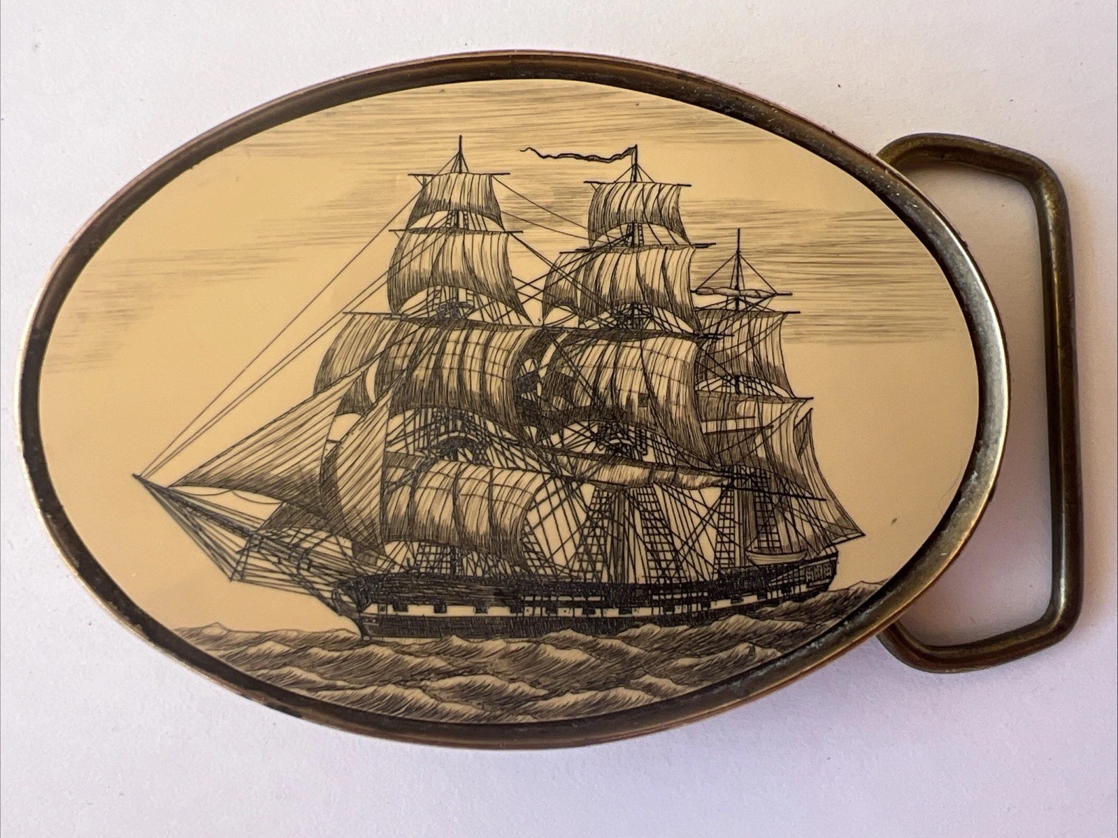 Scrimshaw Schooner Belt Buckle Sailboat Ship Solid Brass Barlow Made In USA VTG