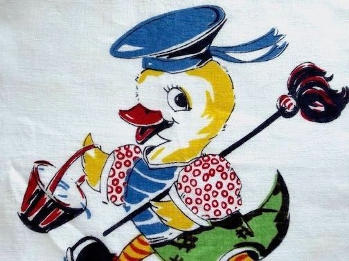 VINTAGE CHILDS HANKY LINEN ANTHROPOMORPHIC DUCK W/ CLOTHES WASHING A FLOOR CUTE!