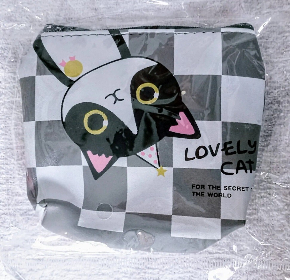 Coin Purse, mini nylon, with Zipper, Multi Purpose Pouch, Checkerboard Cat Print