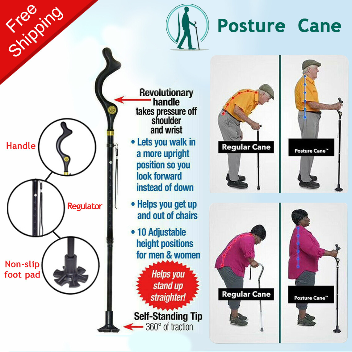 Folding Walking Stick Elder Posture Straight Cane Retractable Adjustable Height