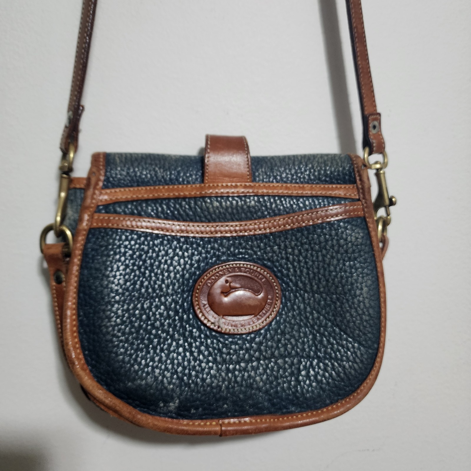 Vintage Dooney & Bourke Navy Pebble Leather Crossbody Bag, Brass Hardware