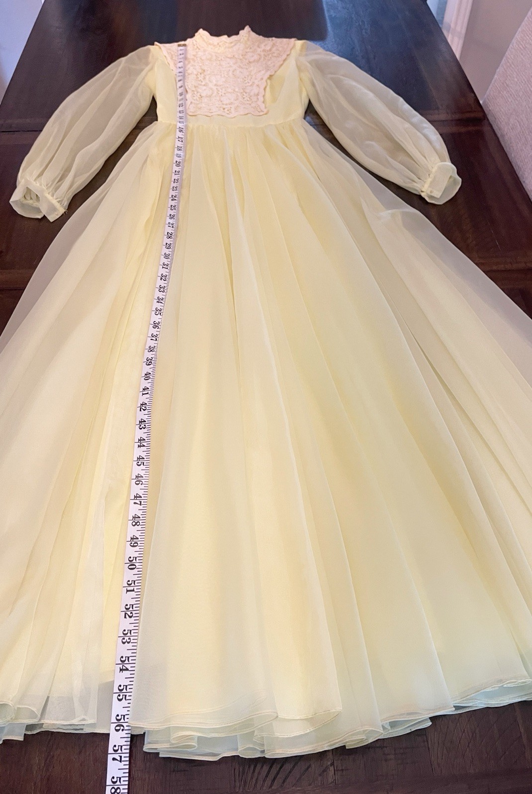 VTG 70s Nadine Victorian Style Maxi Dress Yellow Chiffon Ivory Lace Bib Size 7