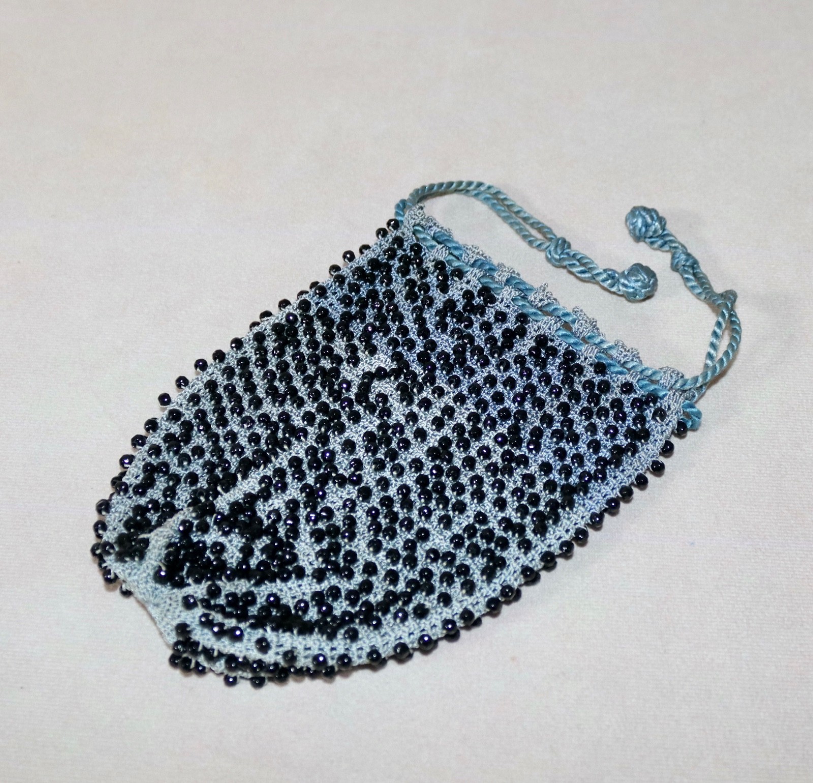 Blue With Black Beads ~ Vintage Art Deco Drawstring Bag Wristlet Coin Purse