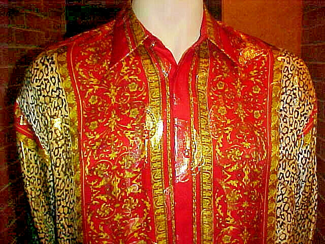 VINTAGE MEN’S METALLIC SATIN METALLIC SILK SHIRT ANIMAL PRINT RED & GOLD XLARGE