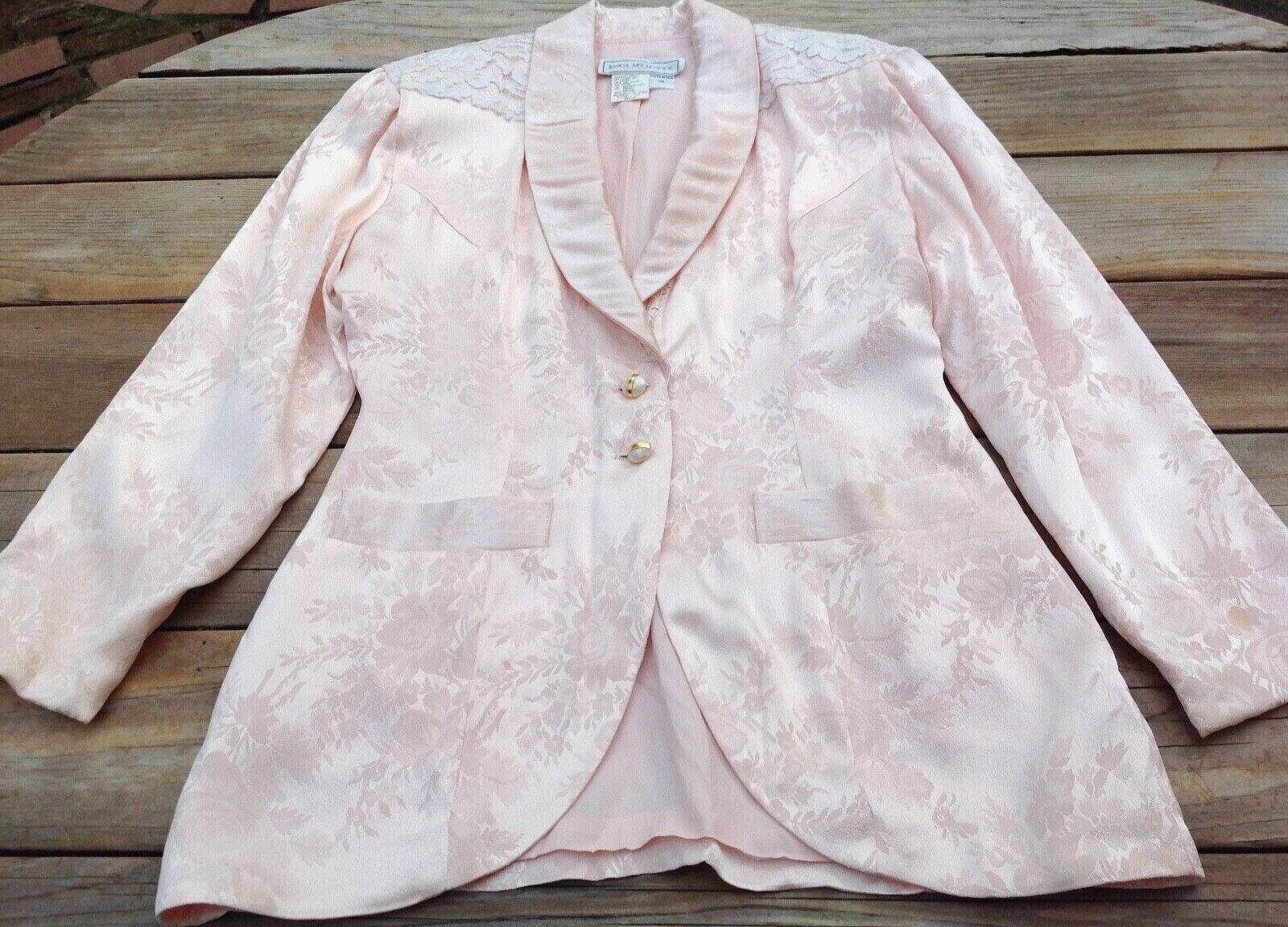 Vtg Jessica McClintock Pink Satin Jacquard Floral Print Blazer Size 10 USA Lace