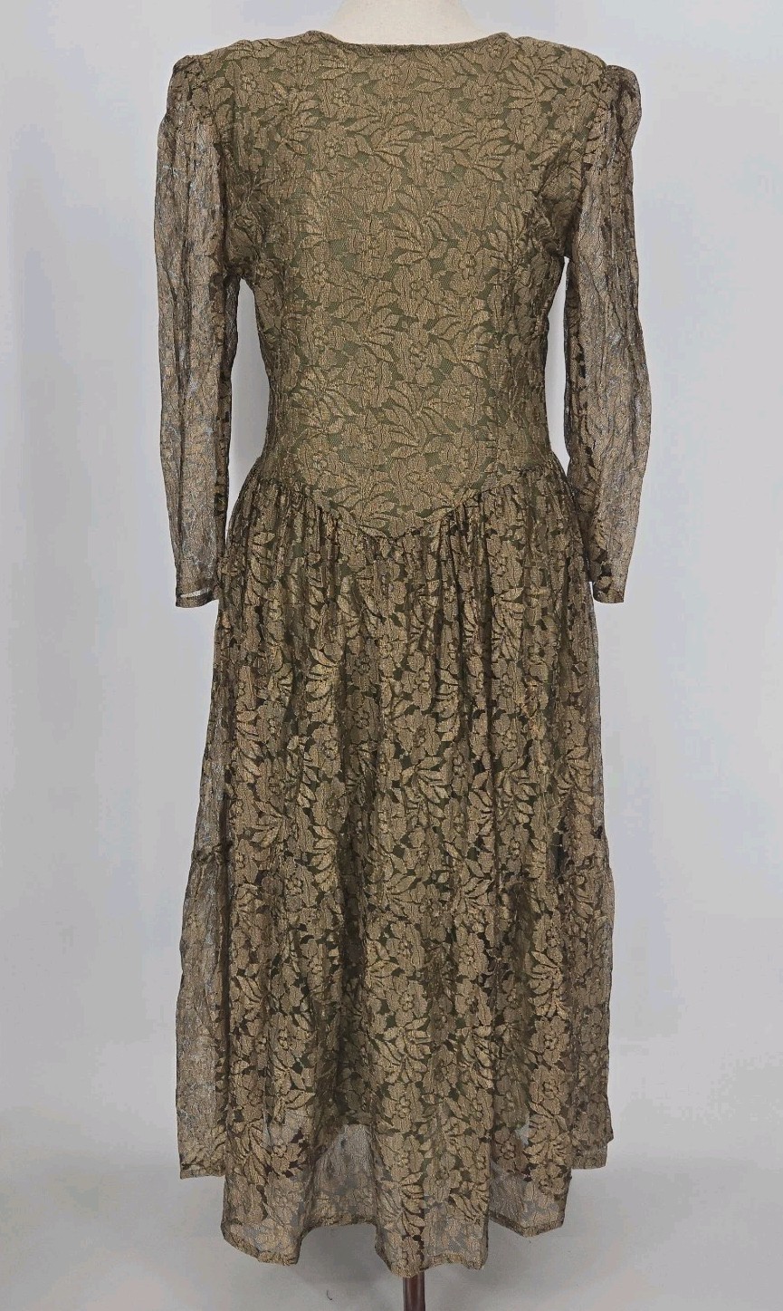 Passports Pier 1 Imports Vintage 90s Lace Maxi Dress Gold Olive Shoulder Pads M