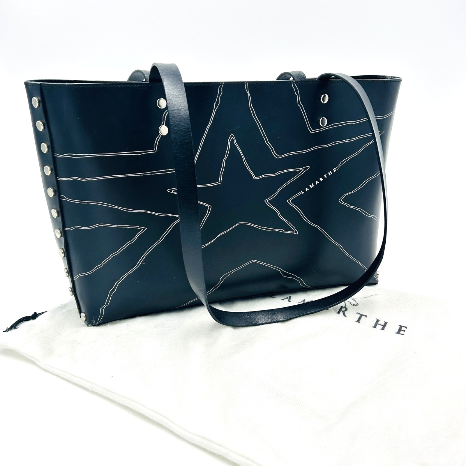 Vintage French Lamarthe Black Large Leather Tote w/Stylized Star Outline Design