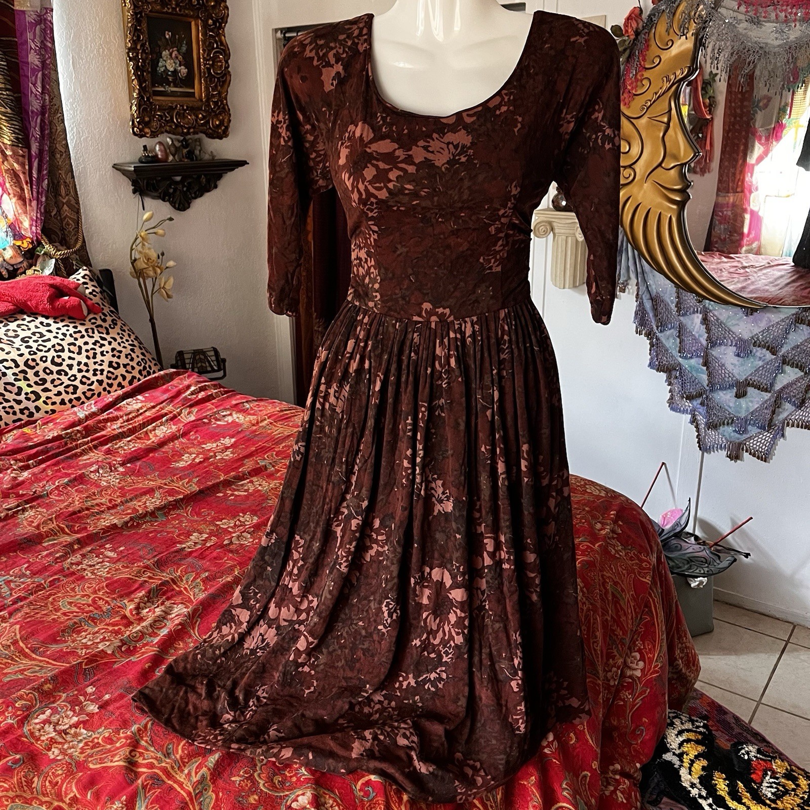 XS VTG 40s 50s Jonathan Logan Midi Dress Cottagecore 3/4 Sleeve Brown Floral