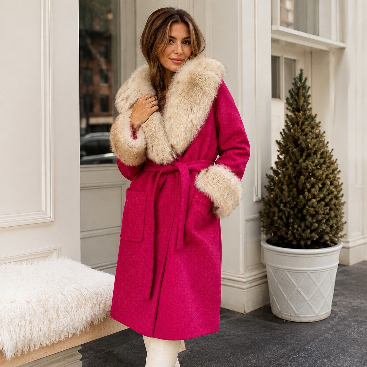 Vintage Fuchsia Wool Fur Collar Swing Coat Belted Winter Glam Statement Coat