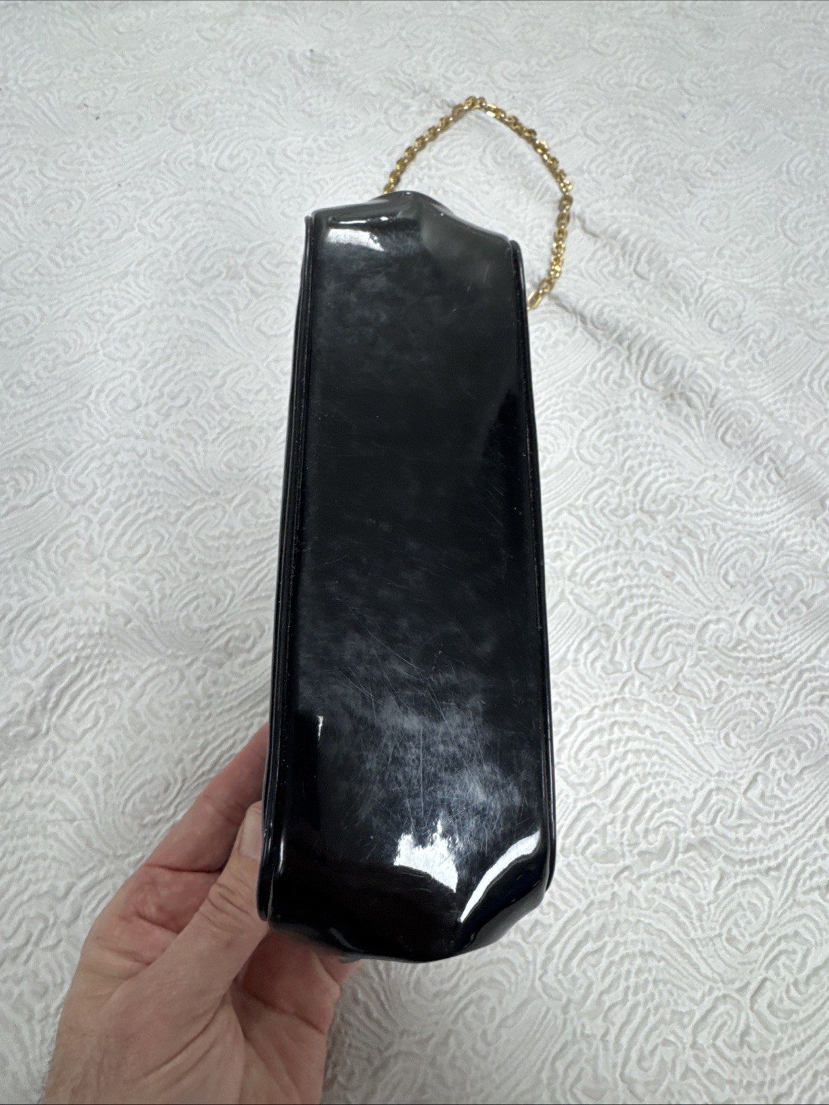 Vintage Bienen Davis Black Patent Leather Shoulder Bag Gold Tone Chain Strap