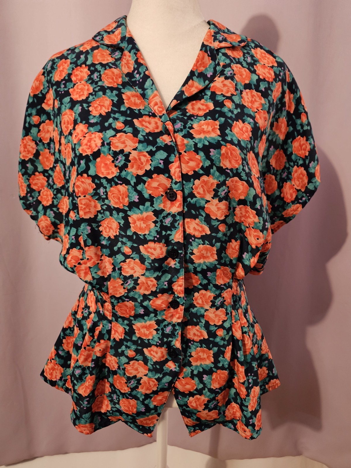 Vintage By Tess Floral Peplum Blouse 80s Cinched Waist Kimono Sleeves W Size 12