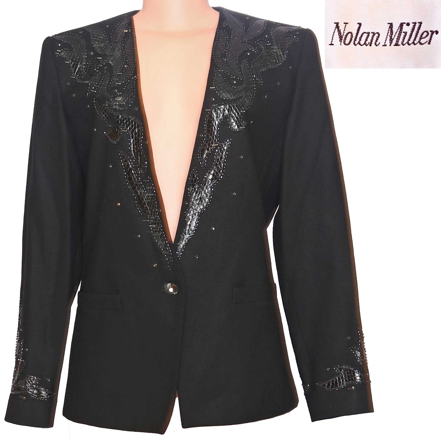 80s Vintage Jacket Blazer Nolan Miller Black Wool Genuine Snakeskin Rhinestone 6