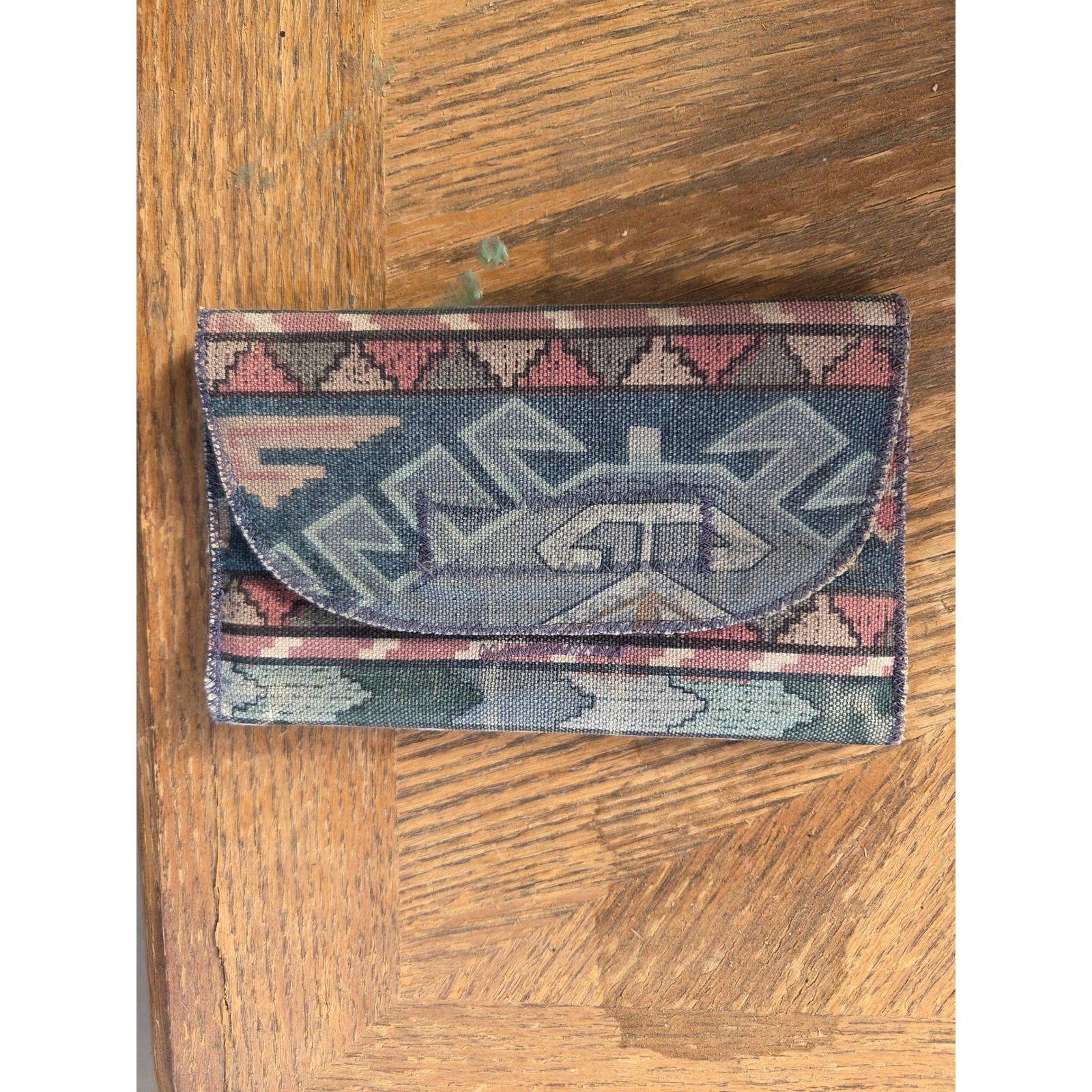 Vintage Southwestern Tapestry Wallet Geometric Tribal Woven Boho Tri-Fold Blue