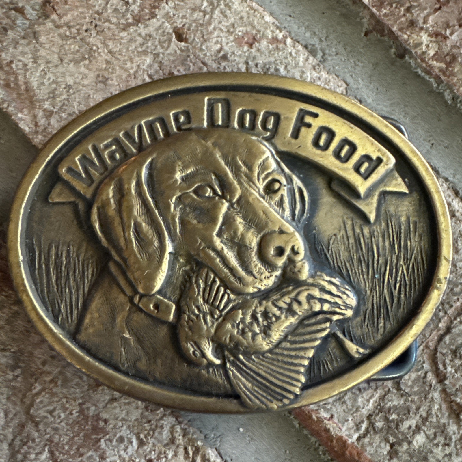 Vintage 1984 Wayne Dog Food Labrador Hunting Brass Belt Buckle 50th Annvivarsary