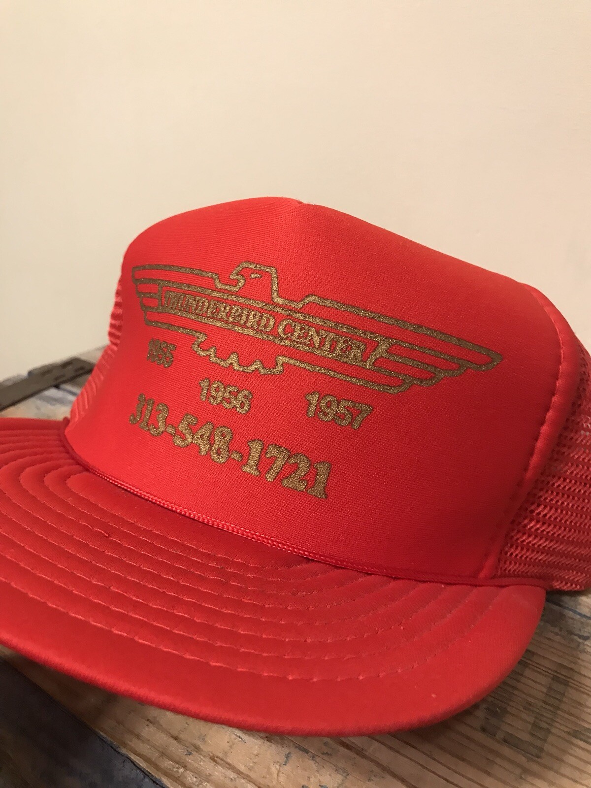 Vintage Thunderbird Center 1955 1956 1957 Ford racing red trucker hat deadstock