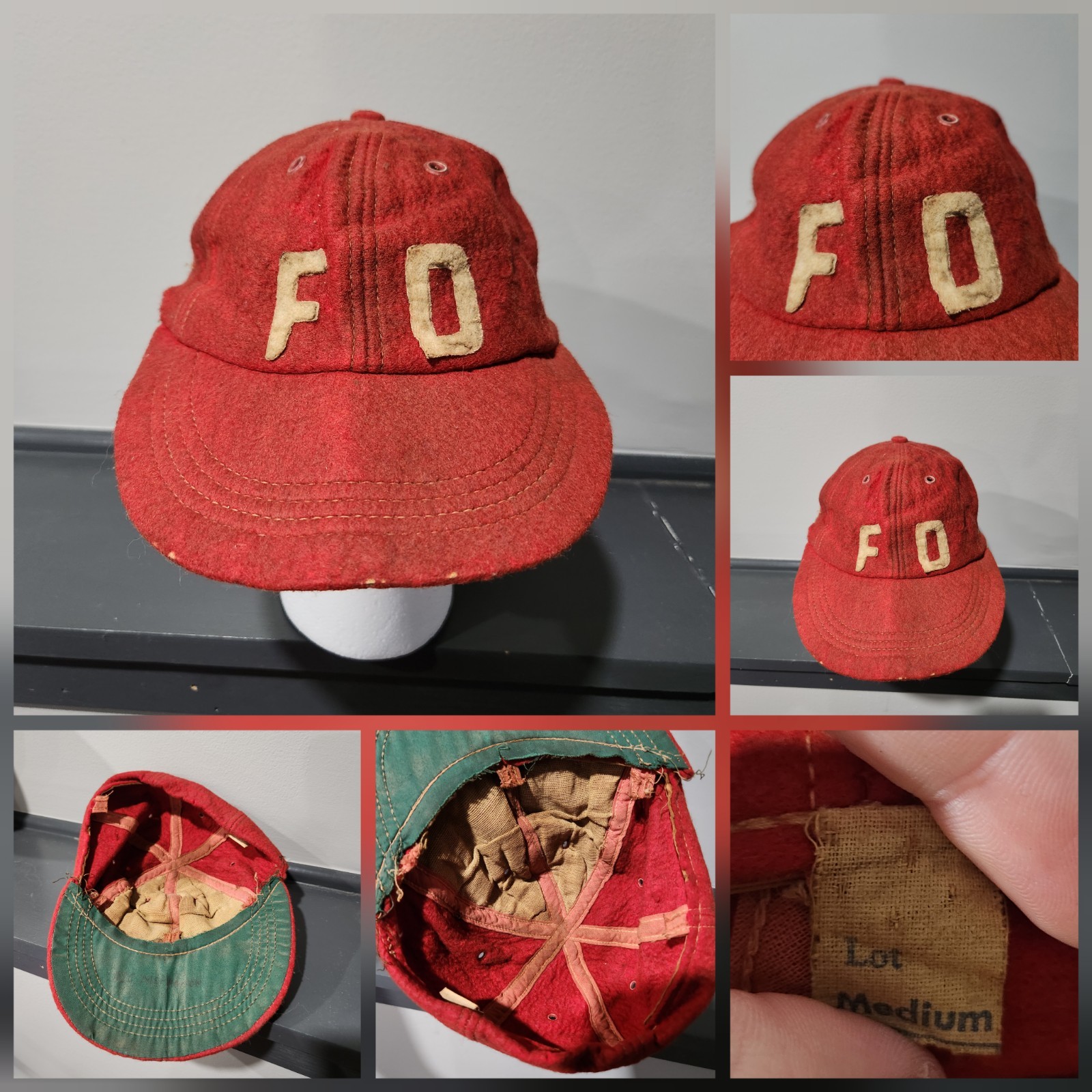 True VTG Early 1900s FD Wool Baseball Hat Cap Medium 20s 30s 40s 50s DISTRESSED
