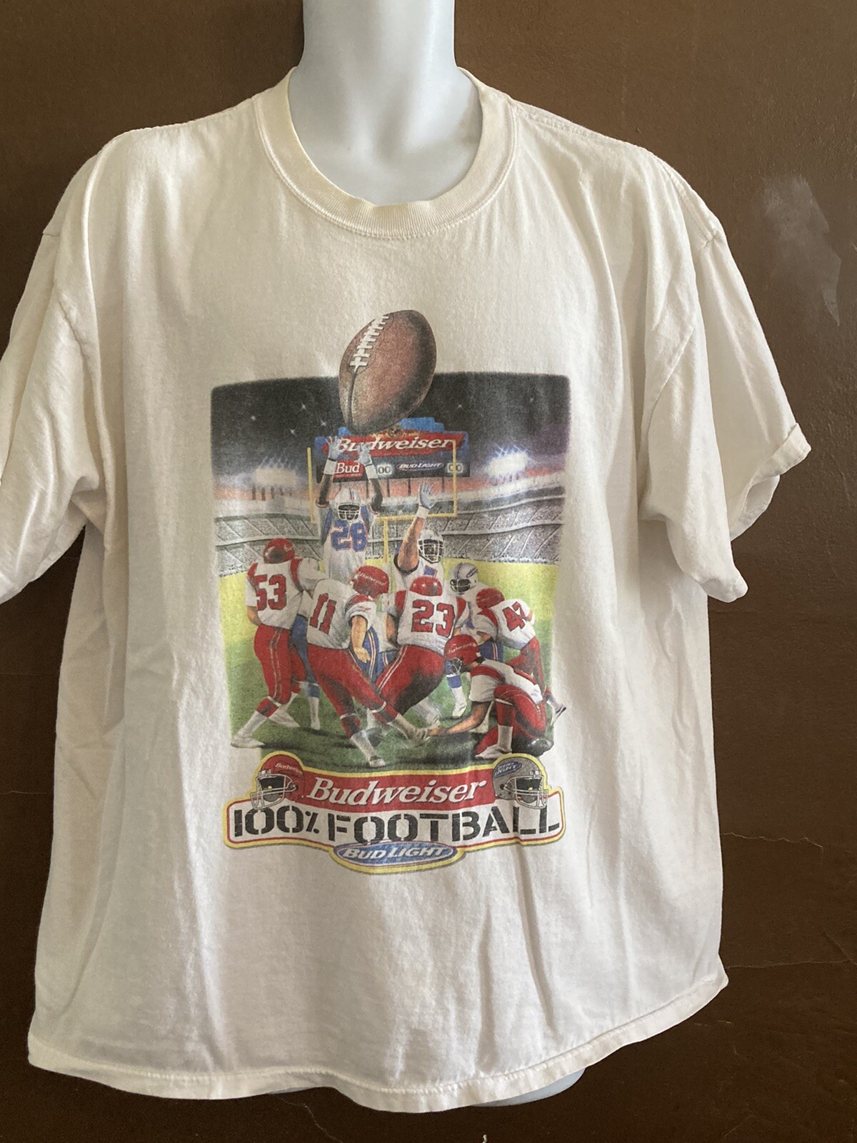 Budweiser Bud Light 100% Football Vintage T-Shirt Heavy Cotton Sz XL j171