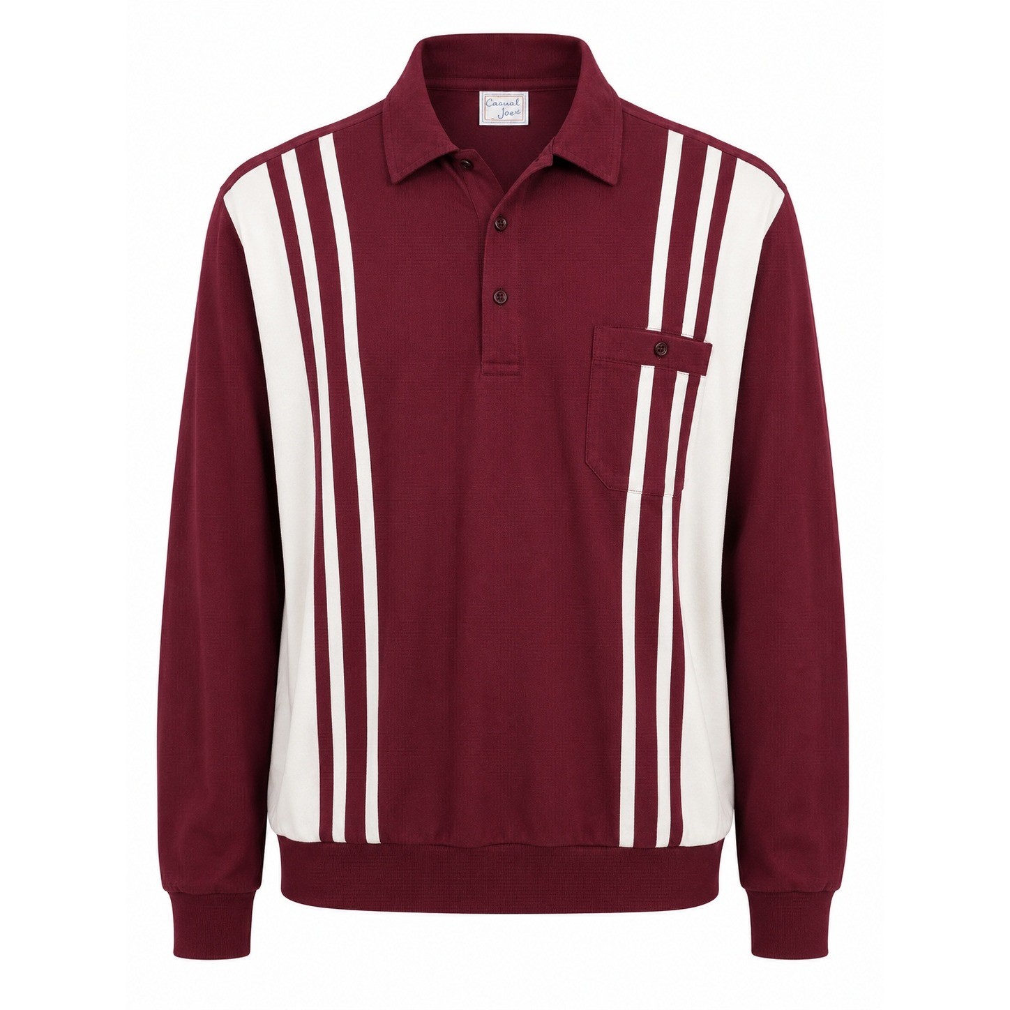 Vintage 80s Haband Casual Joe Men’s XL Burgundy White Striped Long Sleeve Polo