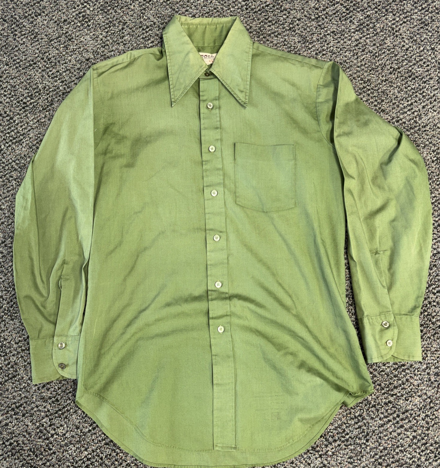 VTG 70s Mach II by Arrow Mens L Green Shirt 16 1/2 Dagger Collar Longtail Groovy