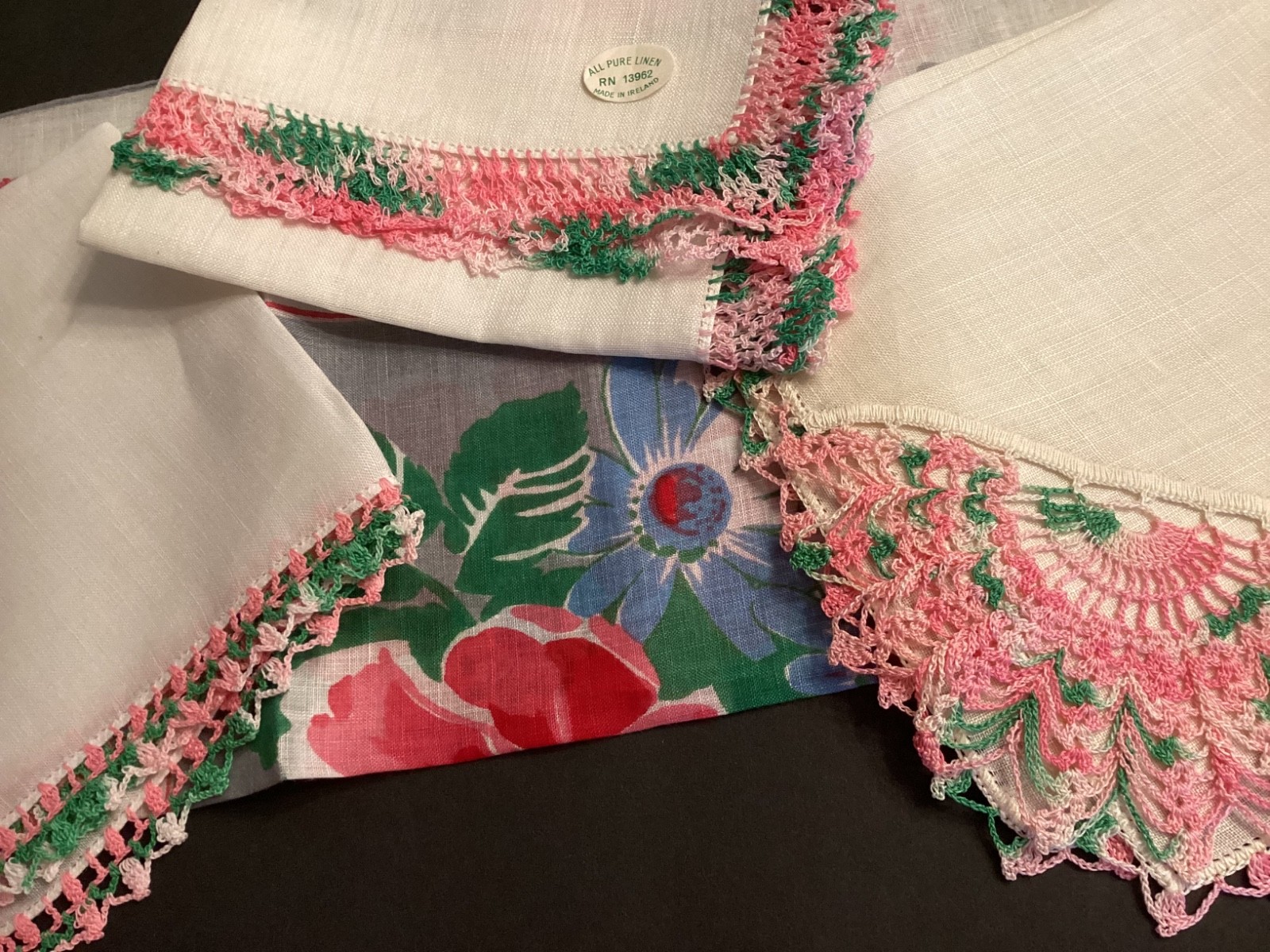 Lot -4 Pink & Green White Irish Linen Handkerchiefs 50s Lace Floral Rolled Fancy