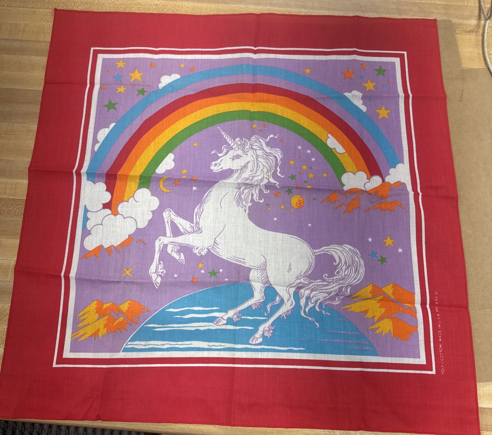 Unicorn Bandana Vintage 1980s Pink Red Retro Fantasy Rainbows 21”x21”