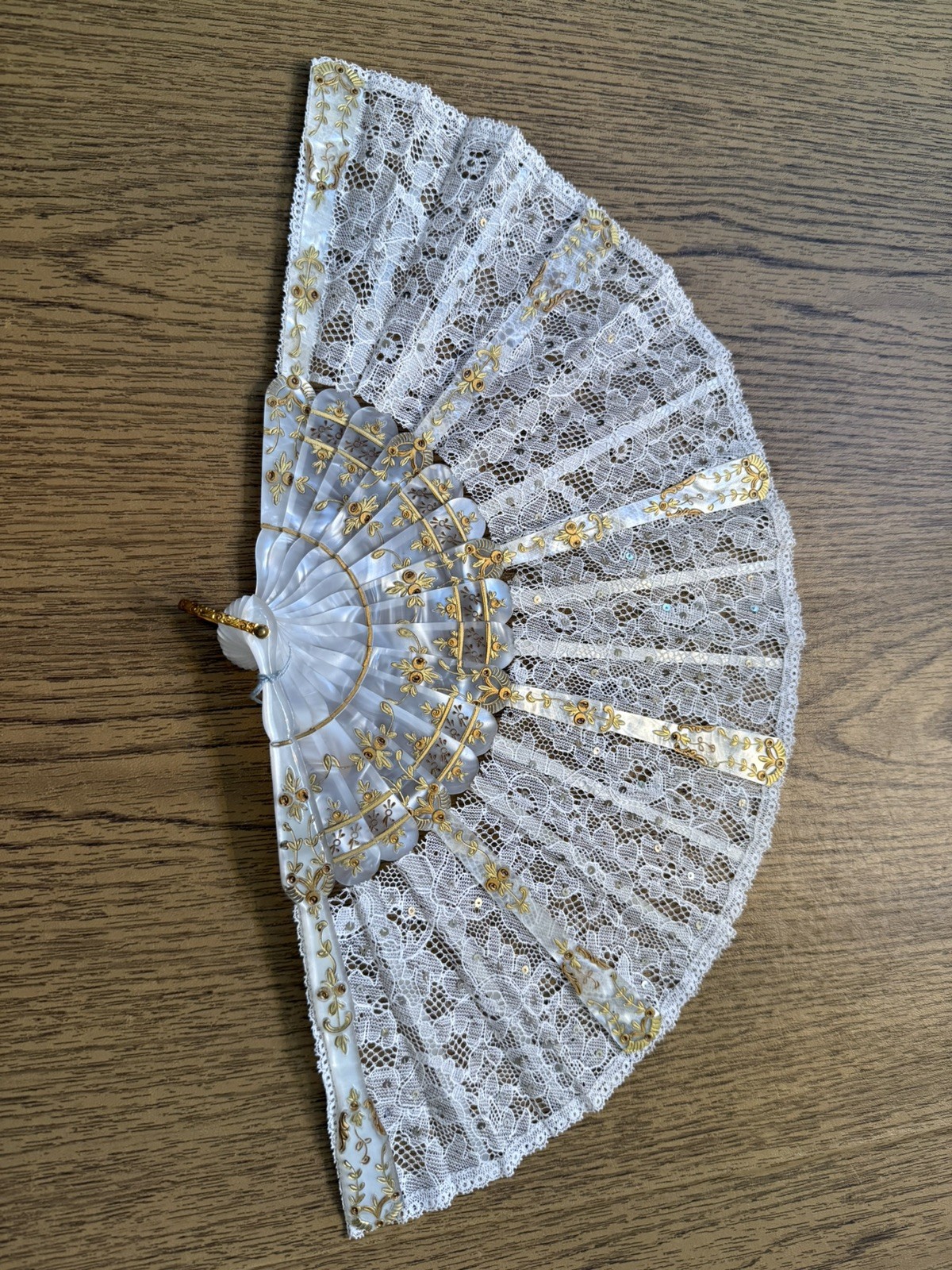 Vintage Lace Fan Faux Mother of Pearl & Gold Detail Folding Hand Fan