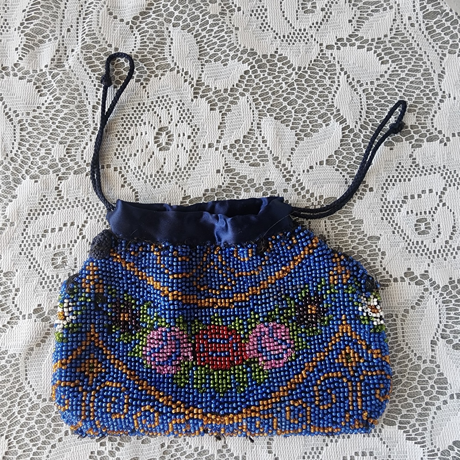 1920s Art Deco Czech Beaded Purse Cobalt Blue Floral Drawstring Flapper Bag