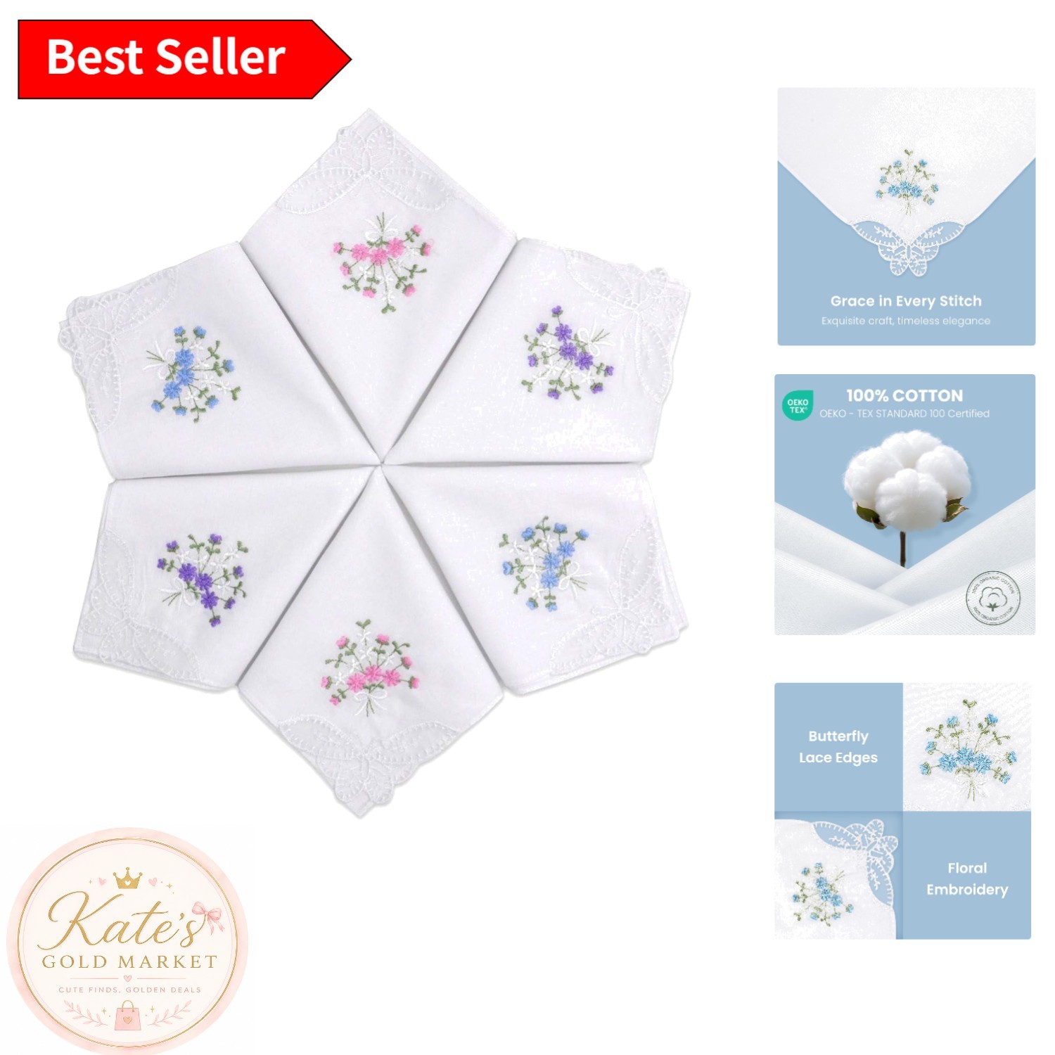 Beautifully Crafted Cotton Handkerchiefs with Flower Embroidery – Gift Set of 6