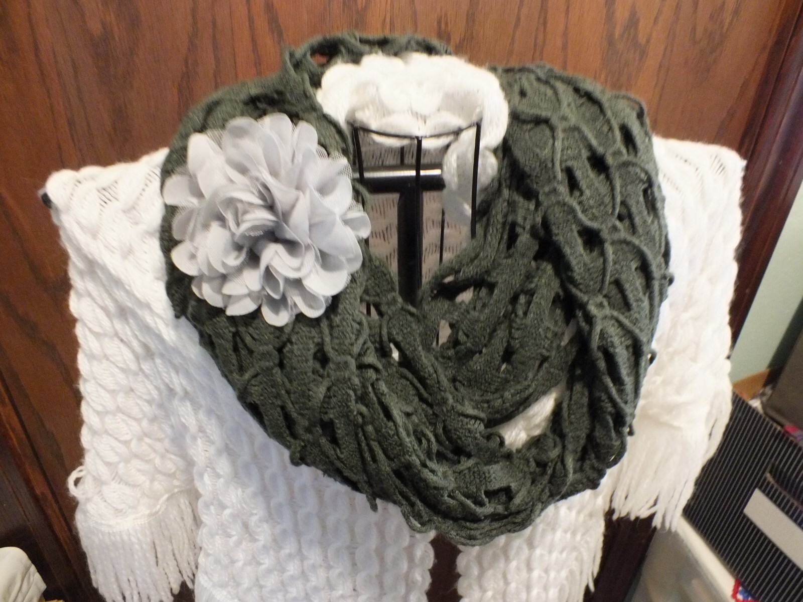 Upcycled Repurposed Scarf Handmade Flower Removable Pin Dark Gray Green