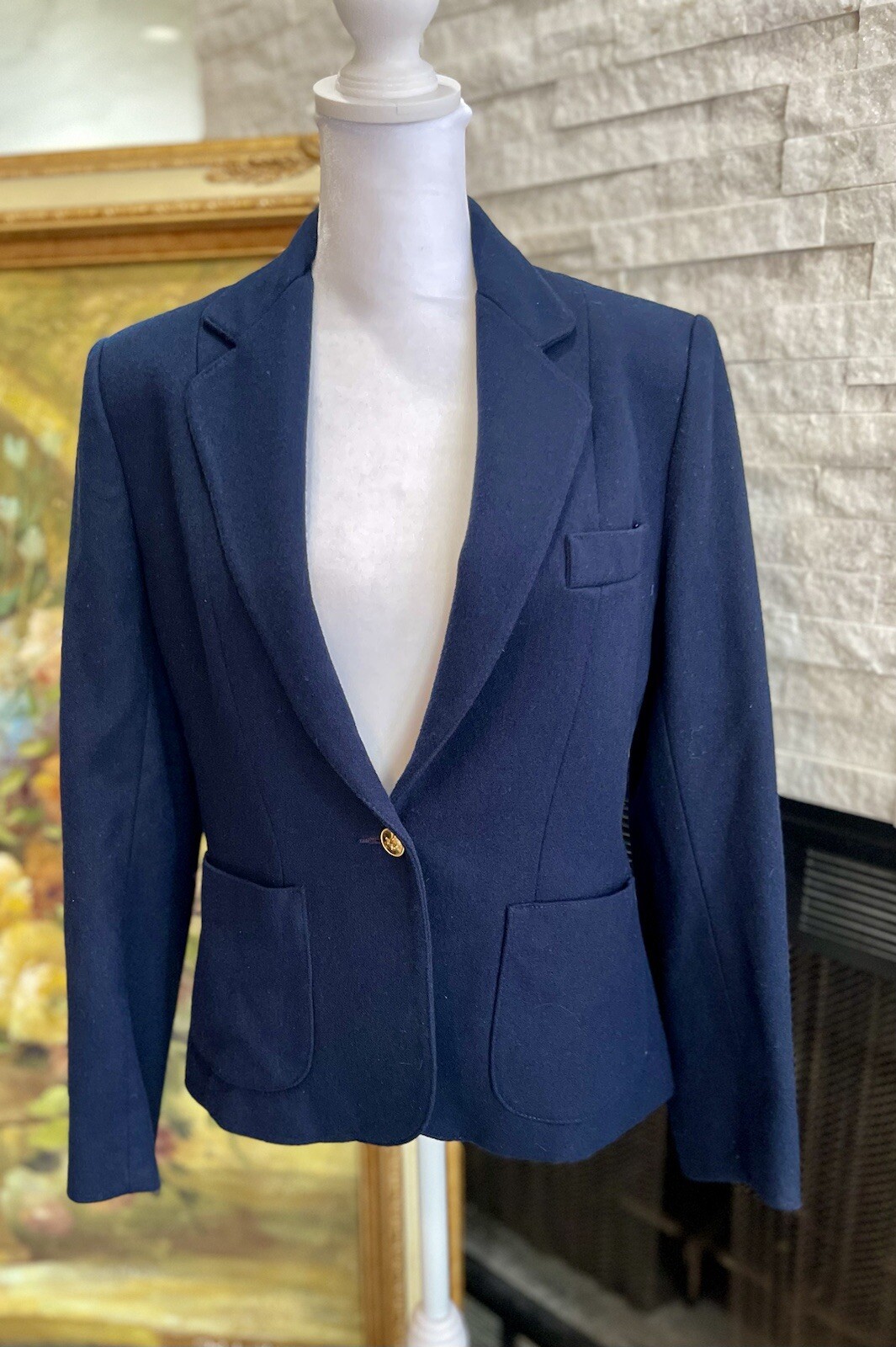 Vintage Hunters Run Navy Blue Gold Button Wool Blazer Horse Buttons Size 10