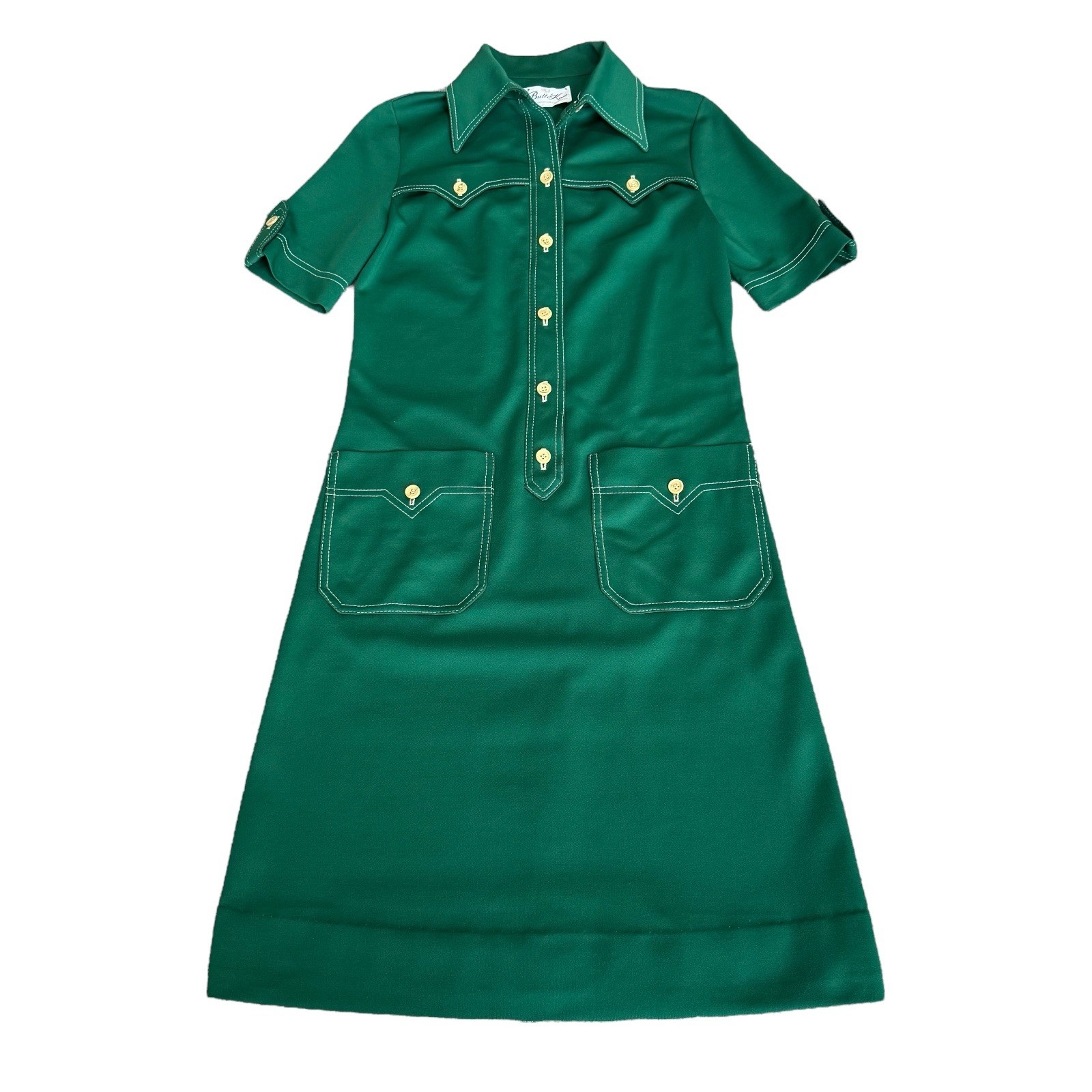 VTG 60s Butte Knit Green Dagger Collar Mod Button Dress Union Made Size XS* 70s