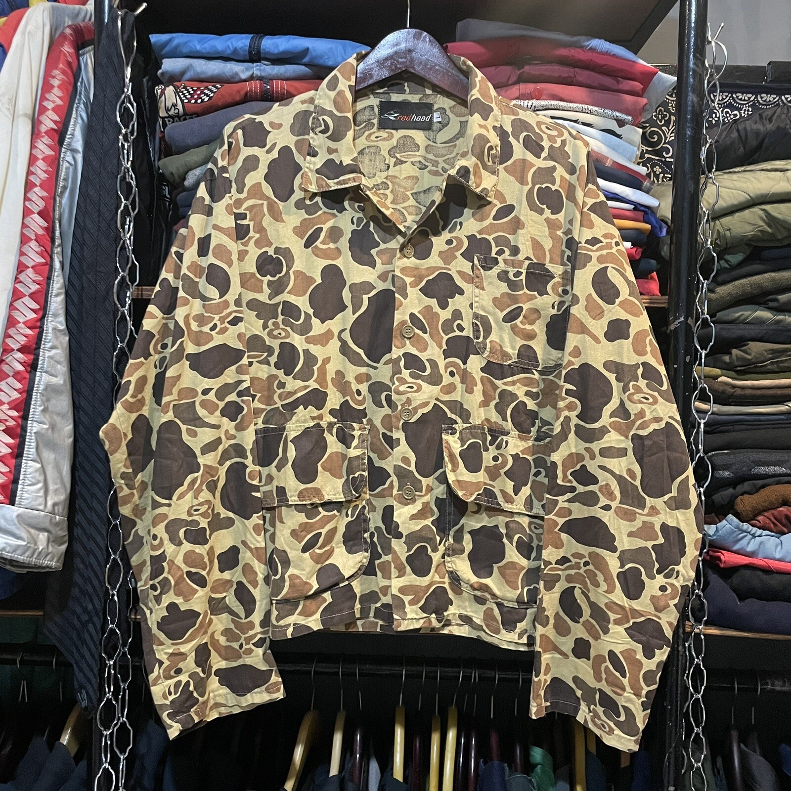Vintage 70s Red Head Duck Camo Hunting Over Shirt Jacket Size Large Lightweight