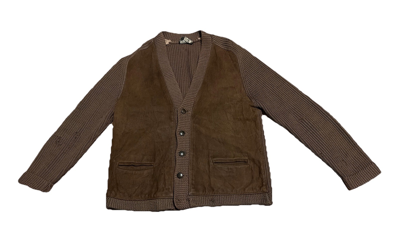 Vintage 60s 70s Cardigan Wool Suede Sweater Size S/M Grandpa Brown Distressed