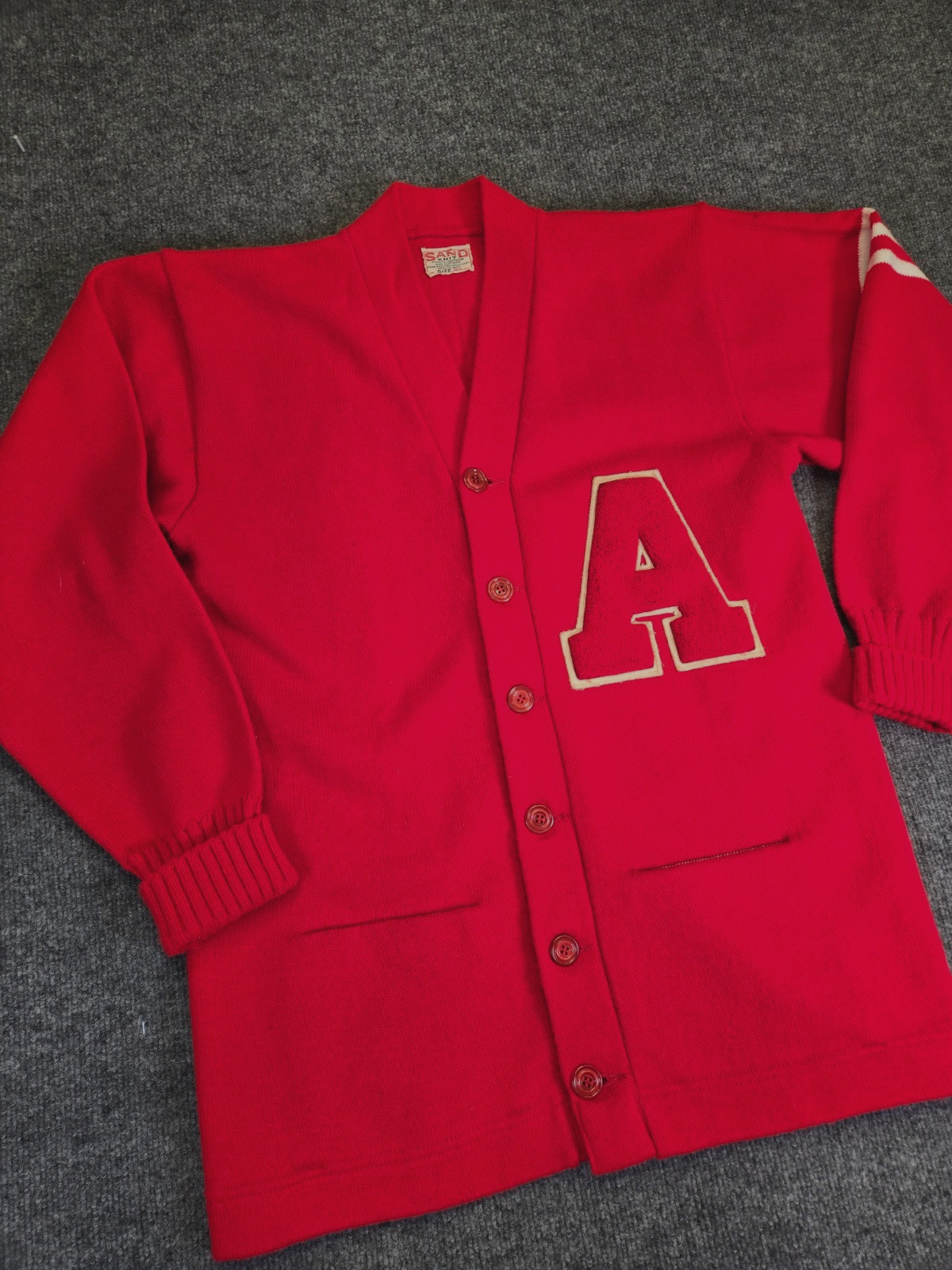 Vintage 50s-60s Sand Knit Varsity Cardigan Letterman Sweater Red SZ40 Chenille A