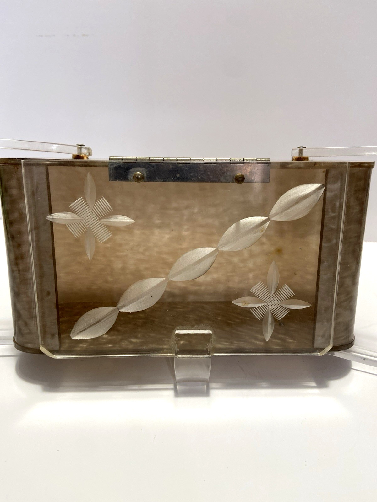 Vintage Lucite Box Purse with engraved top and clear handles