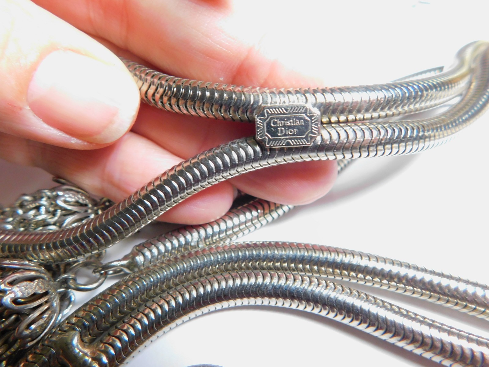 Signed Christian Dior Vintage Silver Tone Lariat Snake Chain Tassel Belt Vintage
