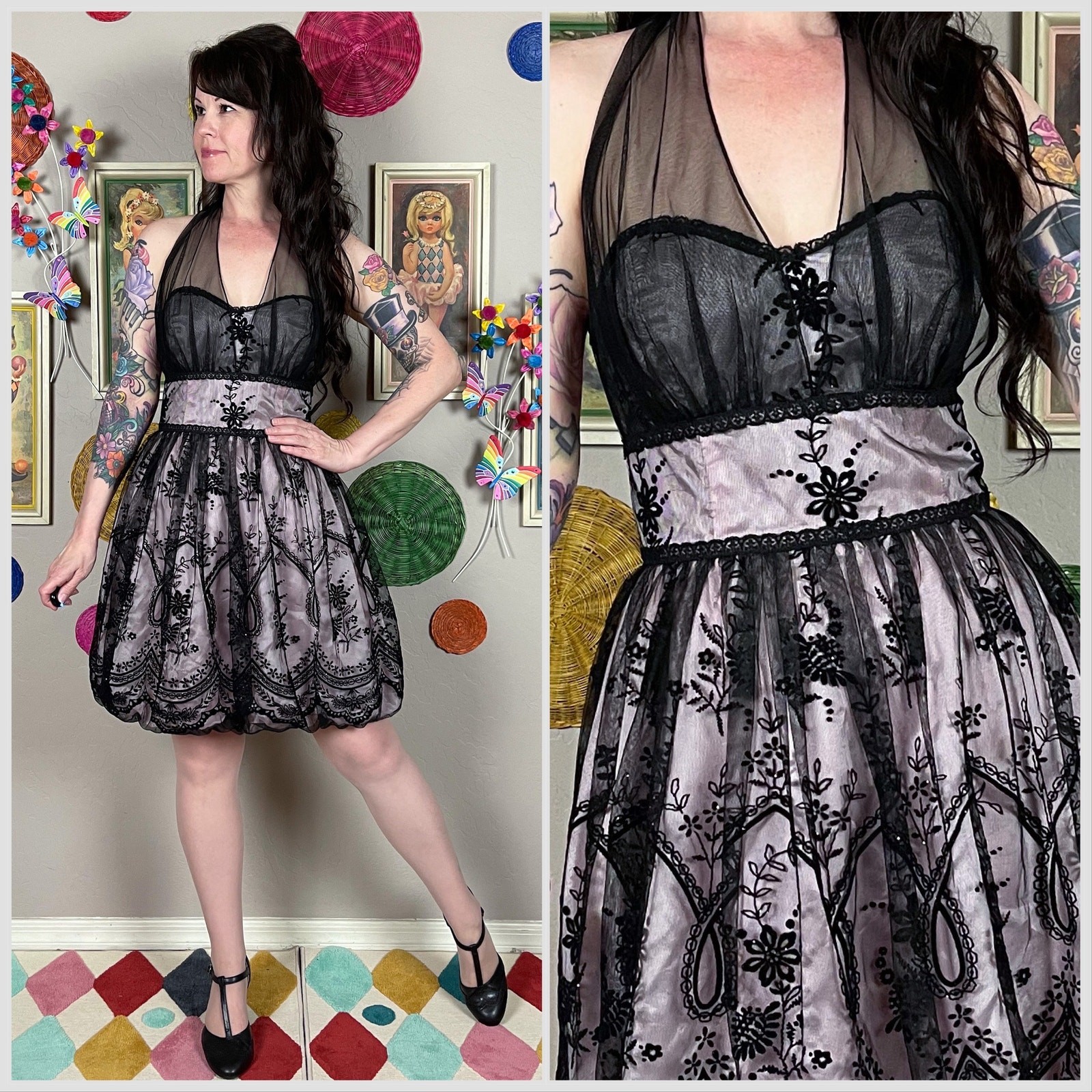 Vintage Y2K Black & Pink Flocked Velvet Bubble Hem Halter Minidress | 28″ Waist