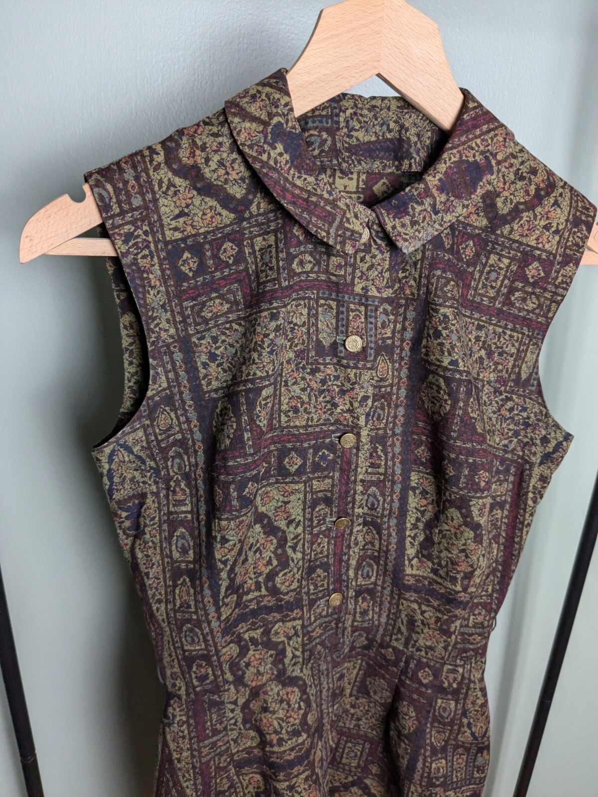 Vintage 1960s Earthtone Mosaic Print Peter Pan Collar Pencil Dress