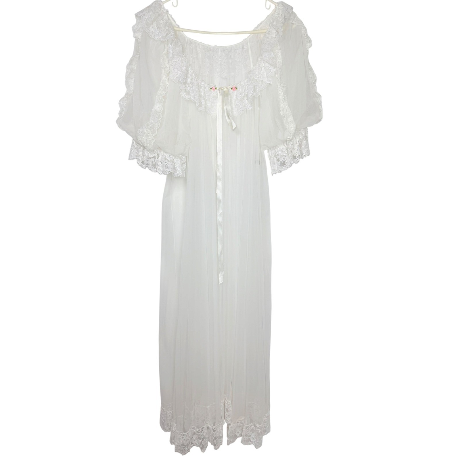 Vintage Tosca Lingerie White Sheer Lace Nightgown Victorian Bridal Medium Tie