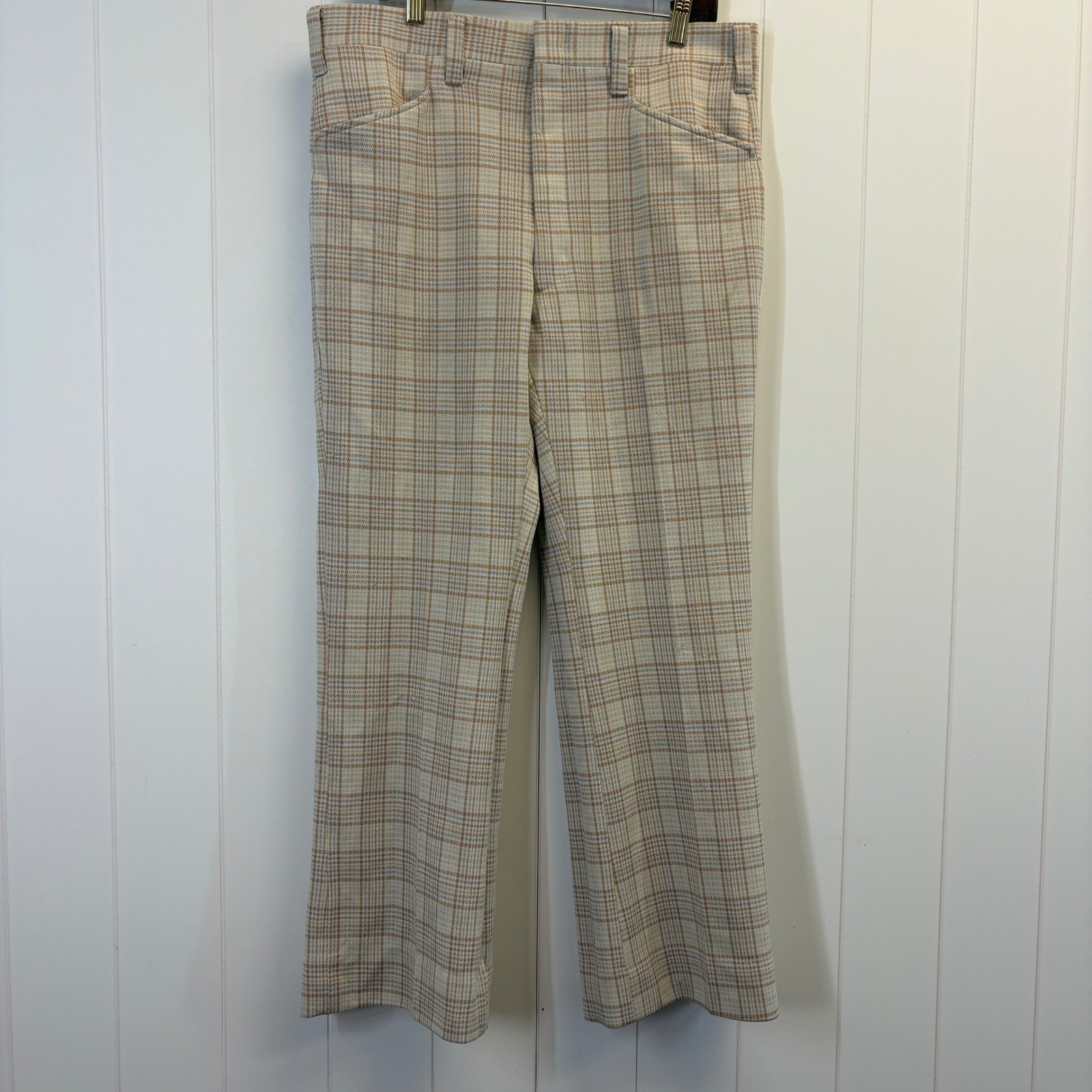 Vintage Haggar 60s 70s Plaid Knit Trouser Pants Men Size 34×29.5 Beige Academia