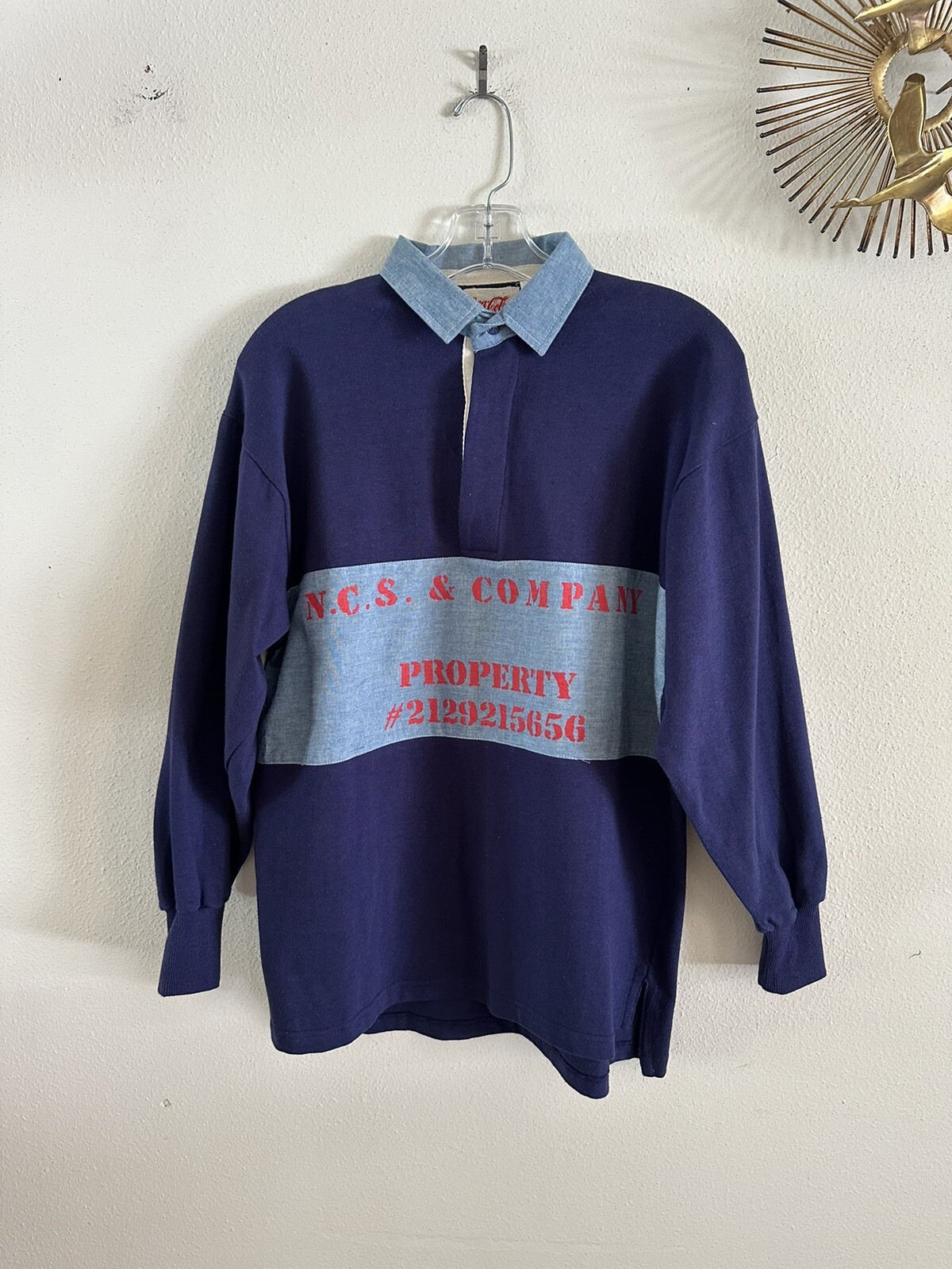 NOS 1986 Coca Cola Chambray Rugby Shirt sz SMALL Logo Pullover Long Sleeve Vtg