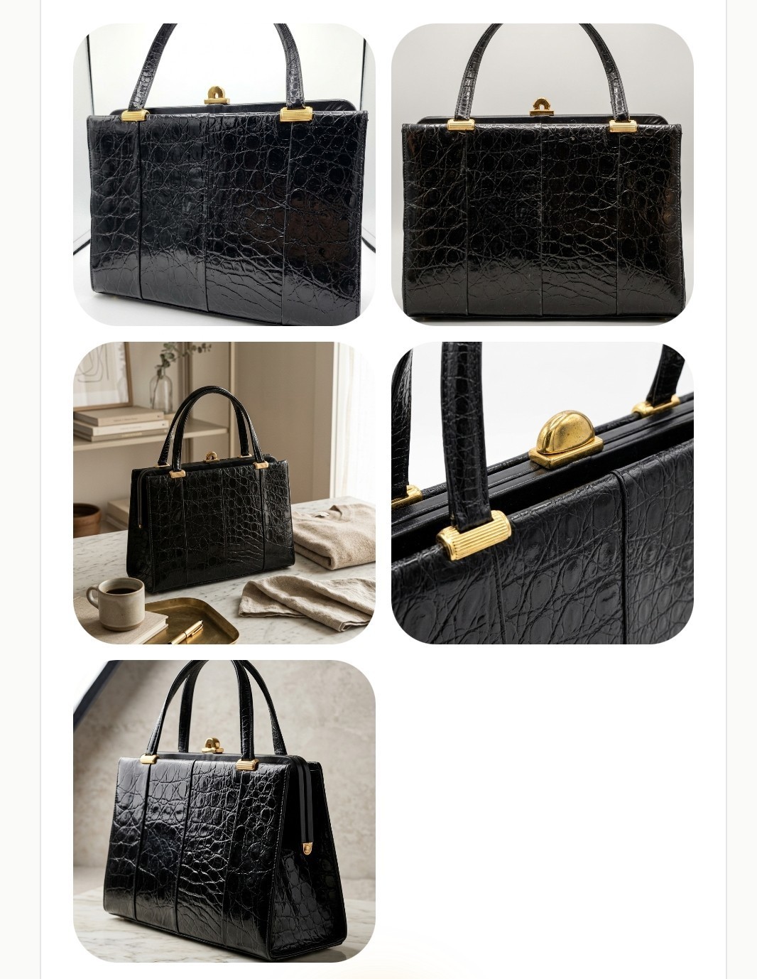 Vintage Black Faux Crocodile Top Handle Frame Bag Retro Chic Handbag