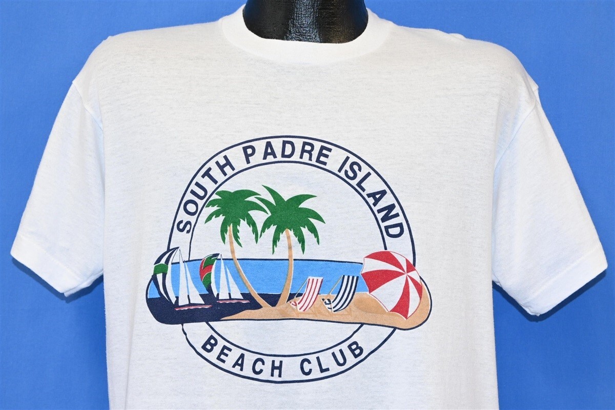 vtg 80s SOUTH PADRE ISLAND TEXAS BEACH CLUB PALM TREE OCEAN UMBRELLA t-shirt L