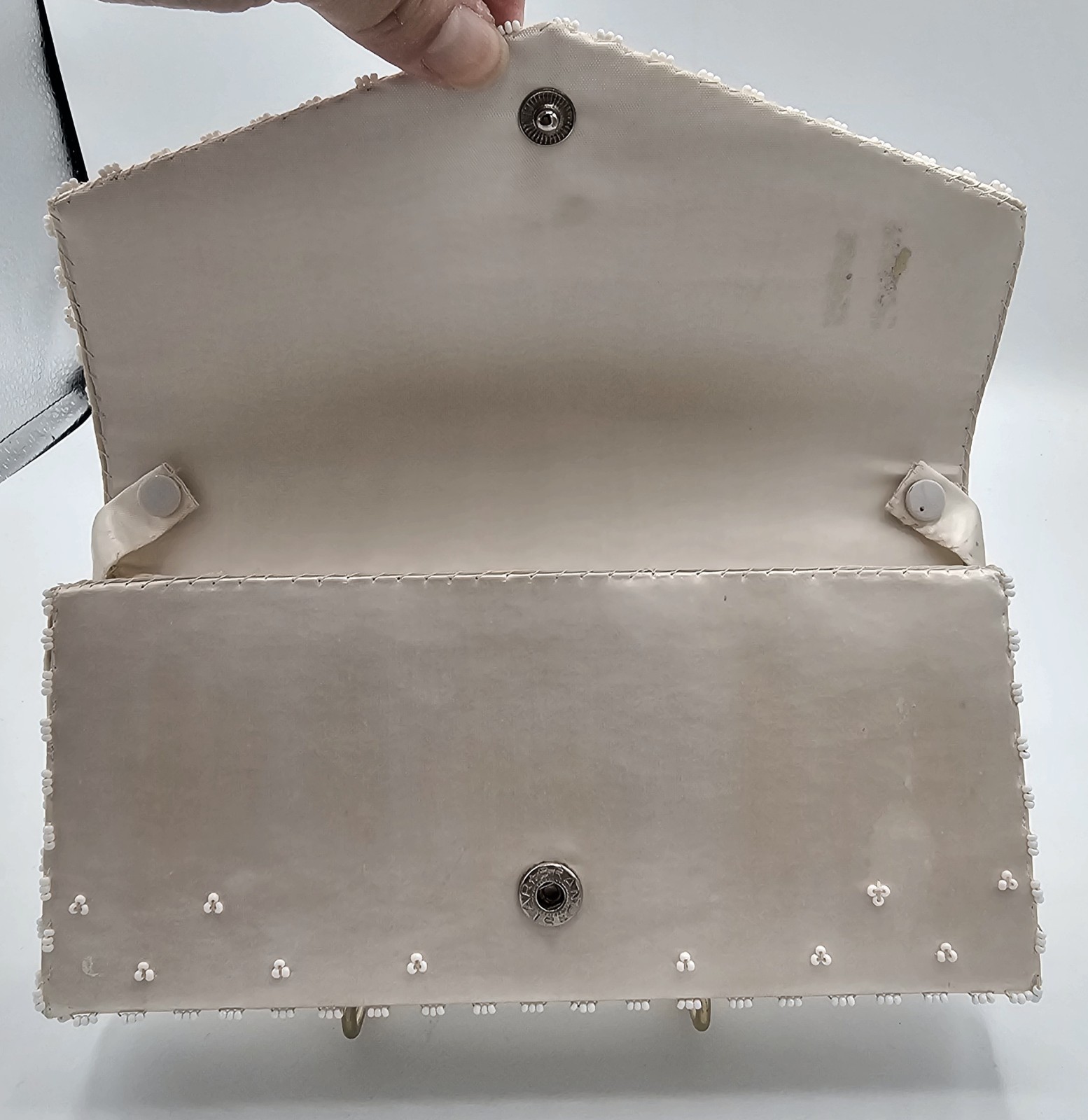 Small Vintage Cream Satin Beaded Clutch/Purse Hand Made In Hong Kong