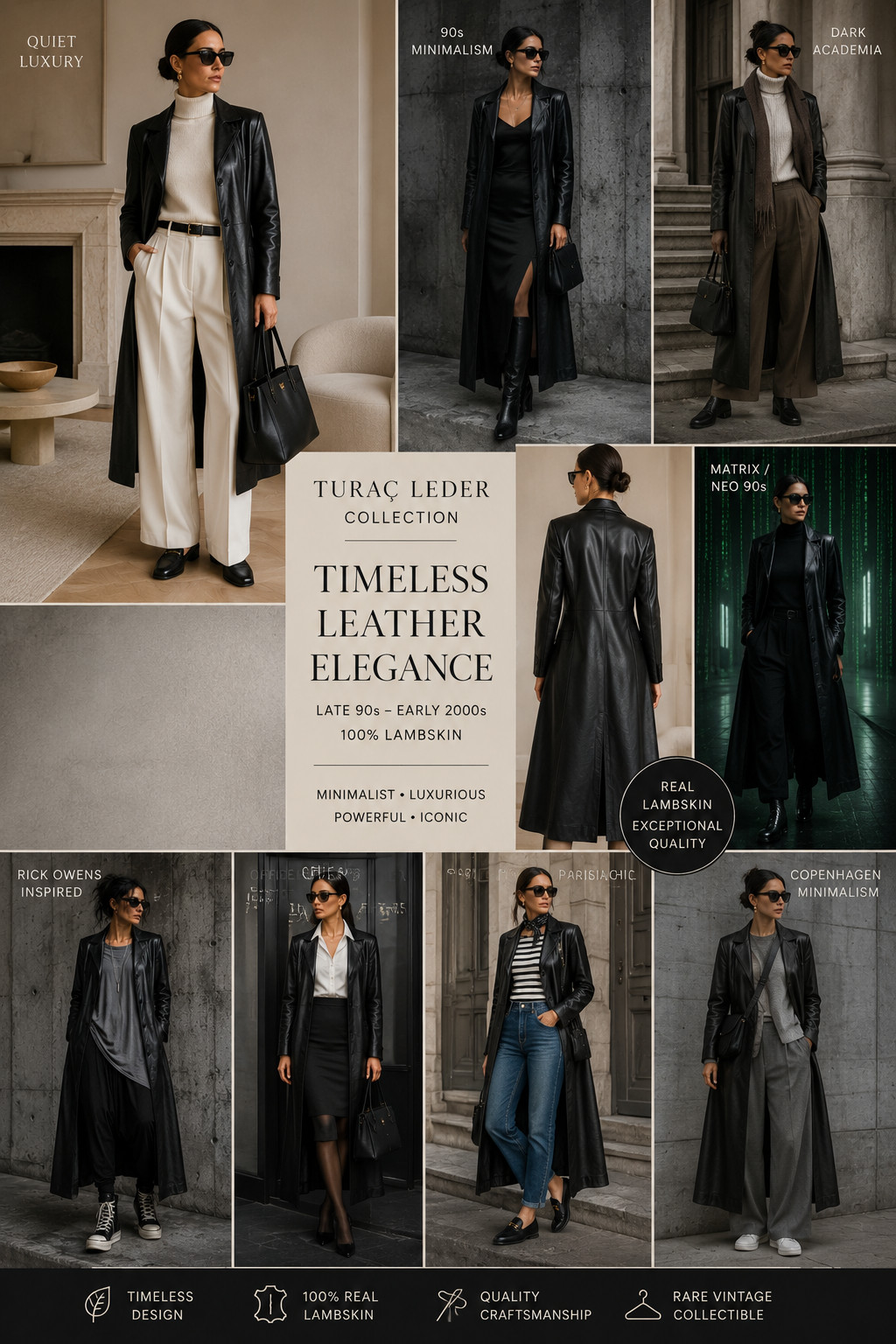 Turaç Leather Lamb Nappa Coat Maxi Black 90s Quiet Luxury Vintage Size 36-40