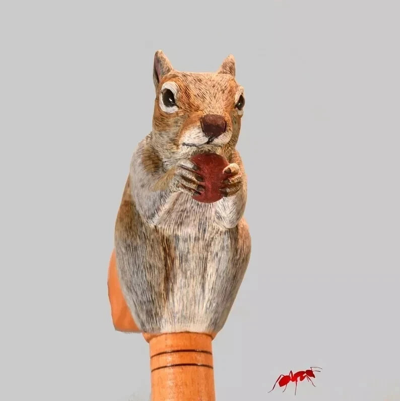 custom walking cane wood chipmunk squirrel realistic carving
