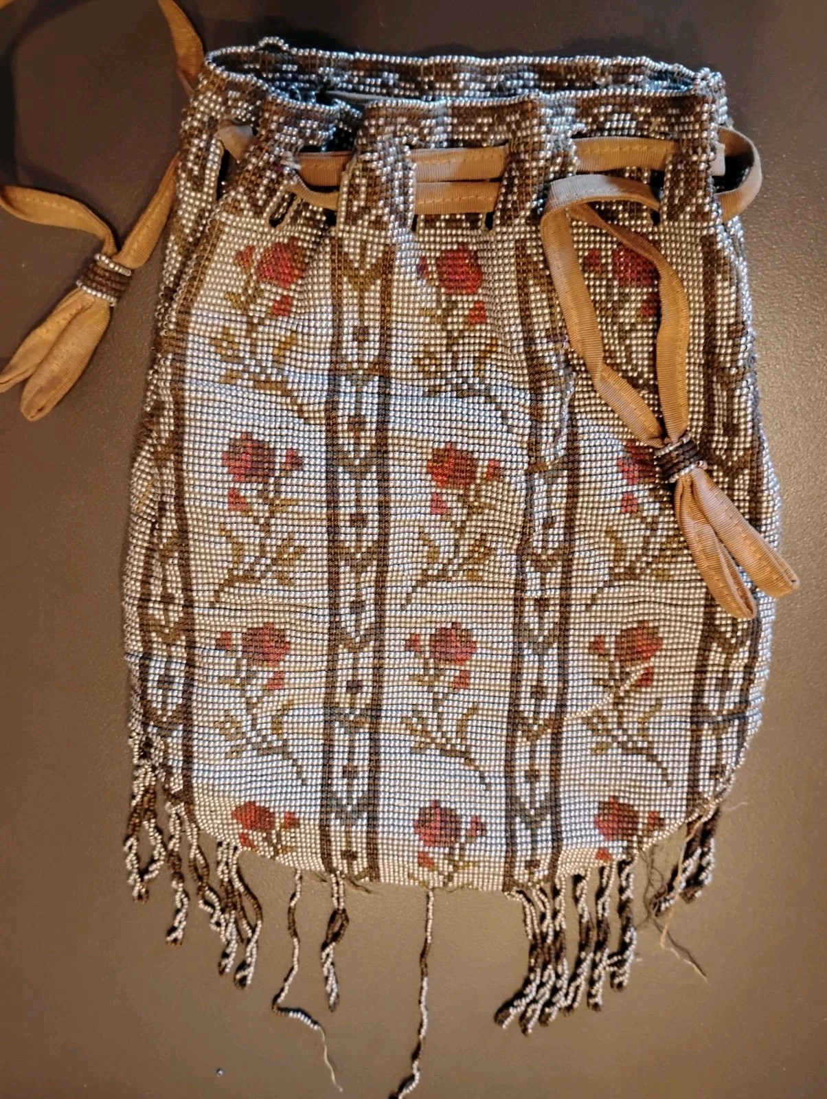 Vintage Beaded Purse/Pouch Grey Flowers Hand Made Glass Seed Beads