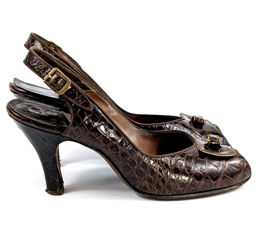 ​Vtg 1940s I Miller Genuine Alligator Peep Toe Slingback Heels Pumps Womens 7AAA